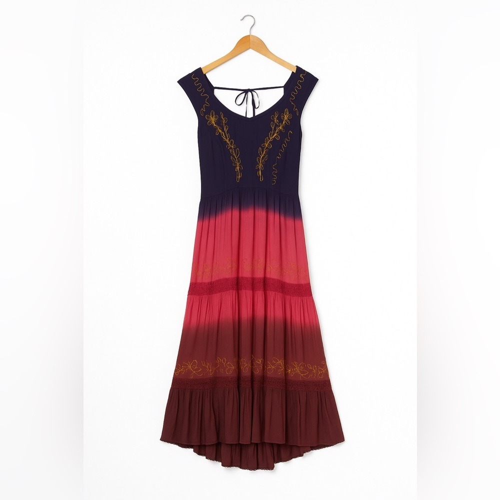 Ethereal Ombre Boho Fairycore Maxi Dress Purple‑Pink Gradient  Embroidery Tiered